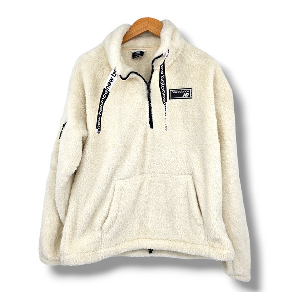 New Balance Women's Sherpa Fleece 1/4 Zip Pull Over Logo Drawstring Ivory Large - Picture 1 of 11